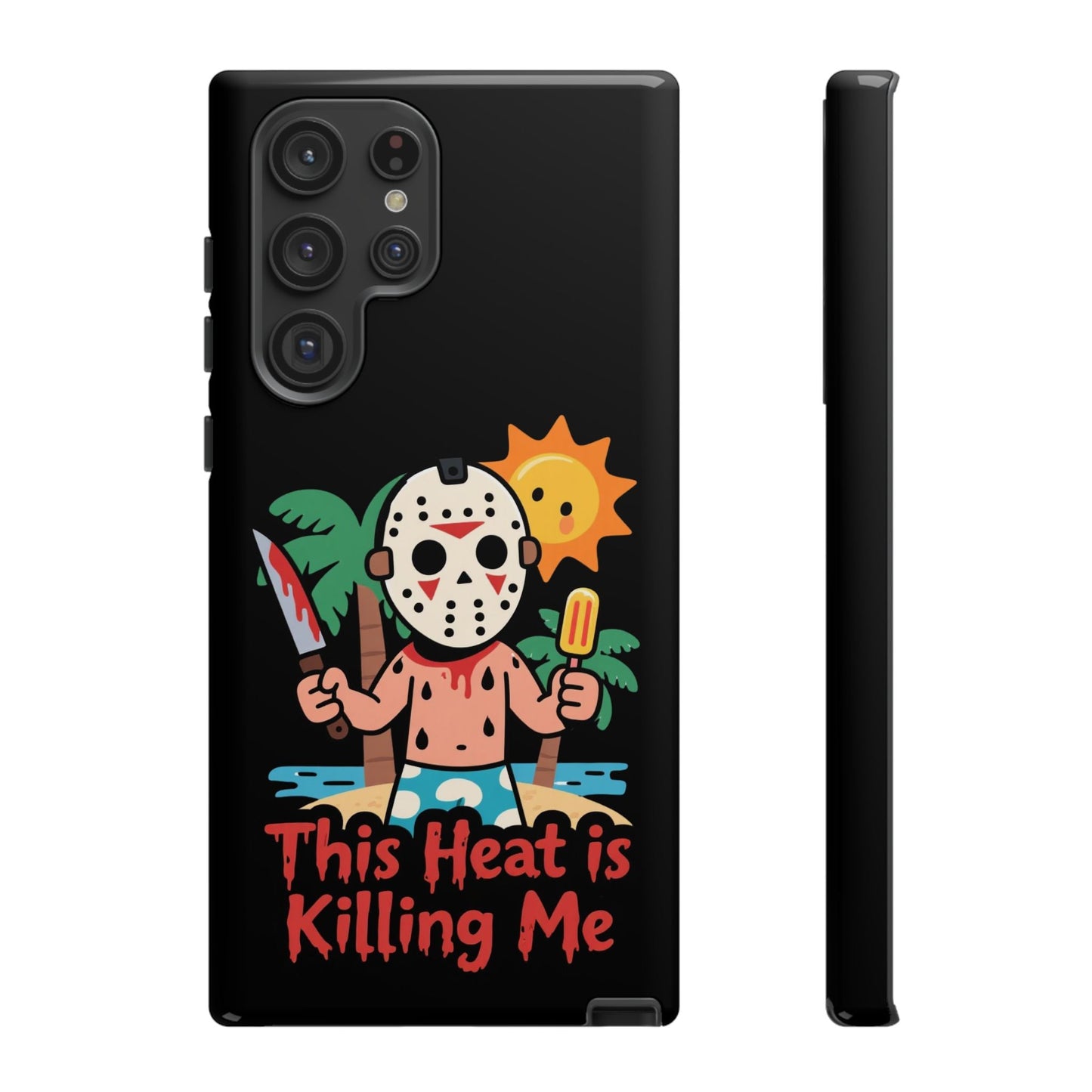 Samsung phone case with Heat is Killing Me Summerween design featuring cartoon character in mask holding knife and popsicle against tropical background
