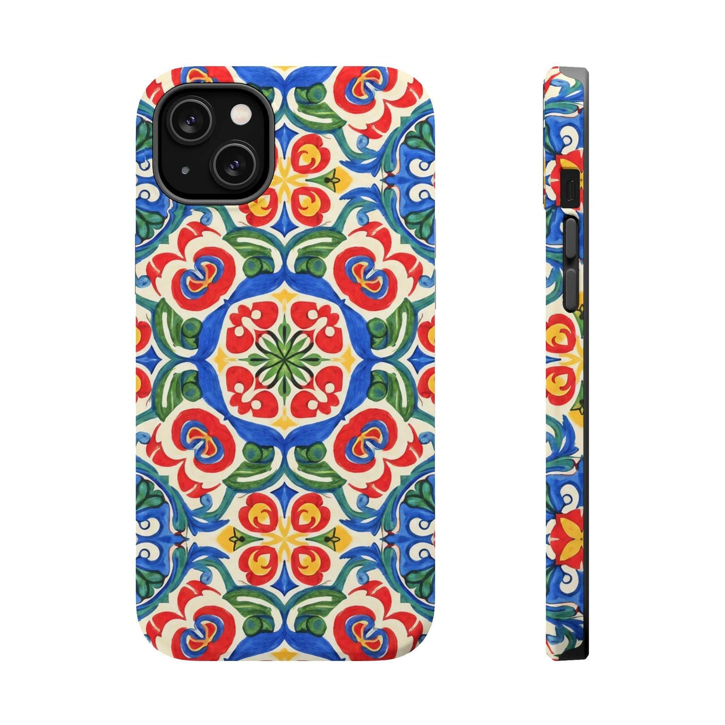 Mediterranean iPhone Case with colorful folk tile art pattern and MagSafe compatibility