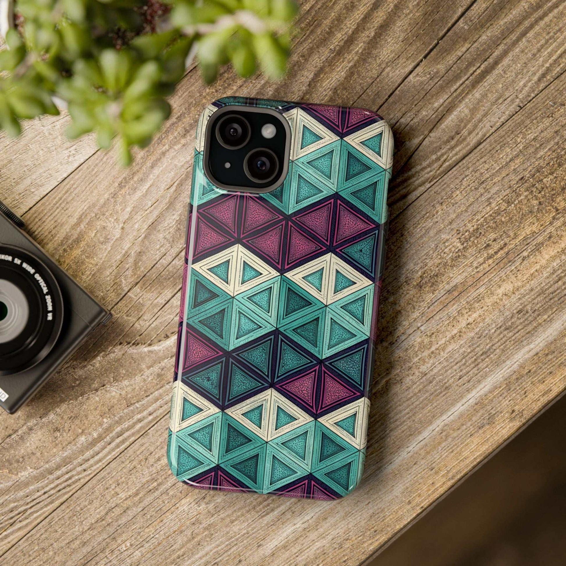 Purple and Teal Abstract geometric pattern iPhone tough case with MagSafe on wooden surface