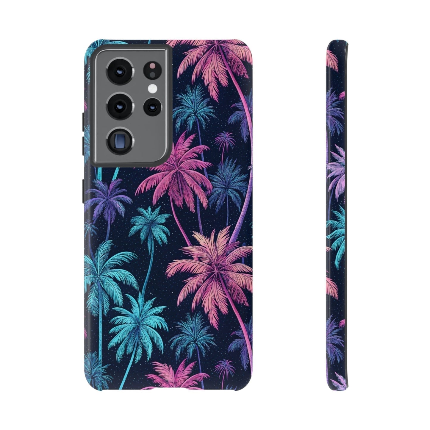 Samsung Galaxy phone case with neon palm tree design in vibrant pink and blue colors on a dark background.