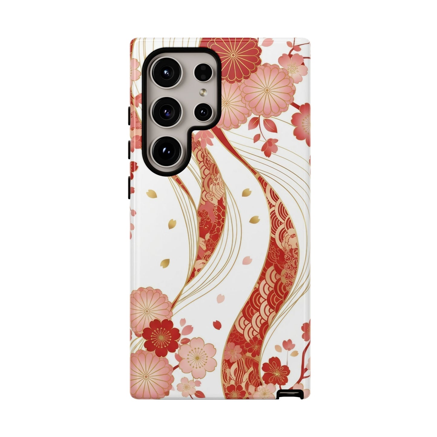 Samsung phone case with red and golden floral 3D wrap design for elegant protection