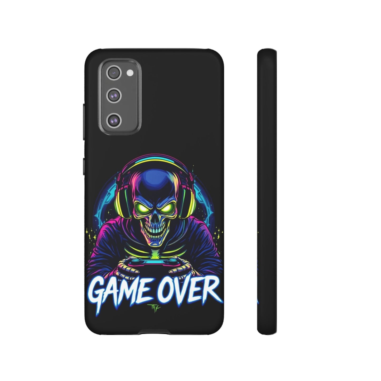 Game Over Design Samsung tough case with neon skull gamer graphic and impact-resistant black cover for Galaxy phones