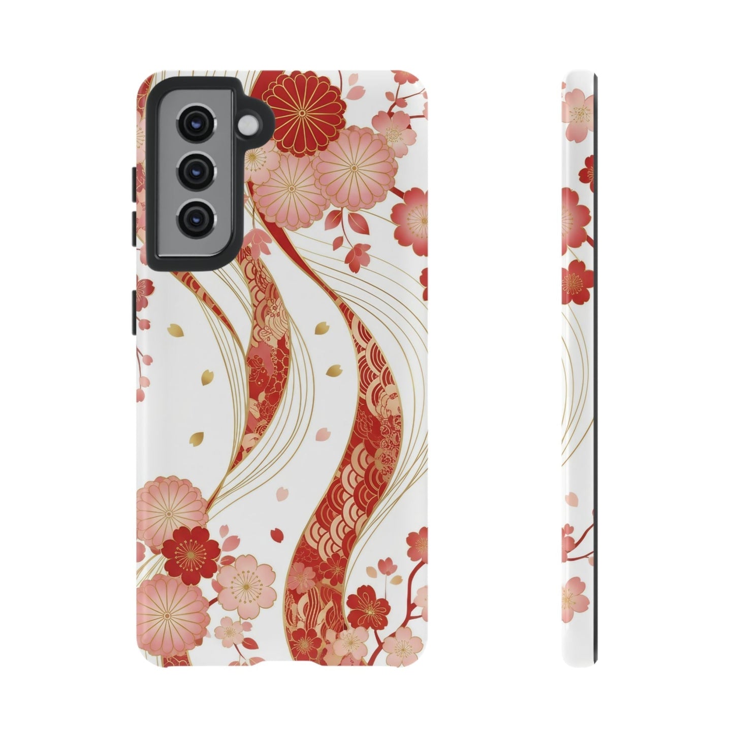 Slim Samsung phone case with elegant red and golden floral design, impact-resistant and wireless charging compatible.