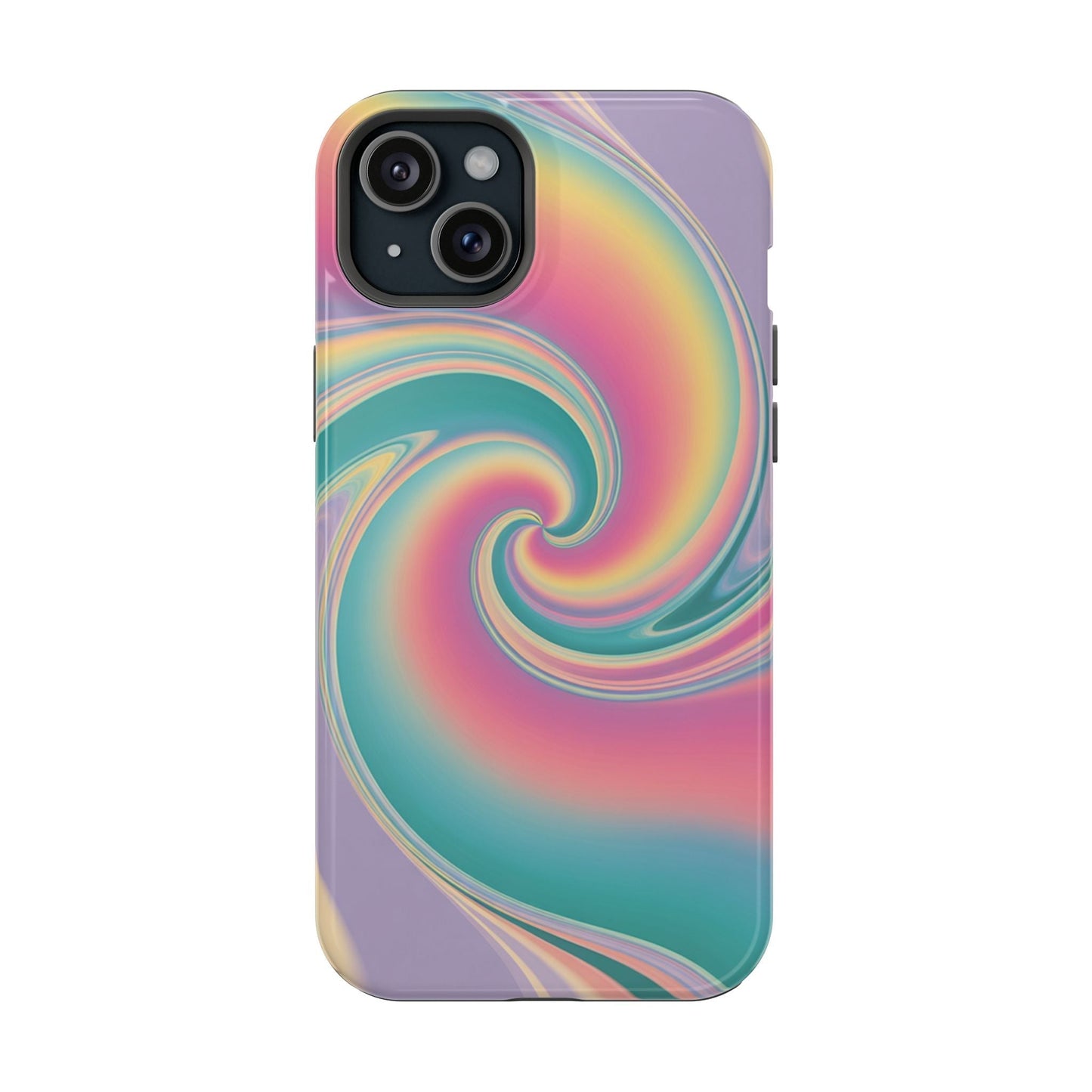 Vibrant Cotton Candy swirl design colorful tough iPhone case with shock-absorbing layers and MagSafe compatibility