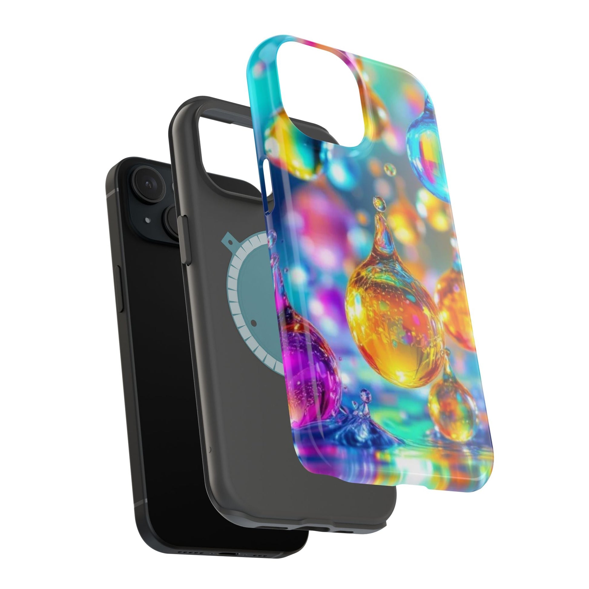 iPhone tough case with vibrant golden raindrop design and MagSafe compatibility