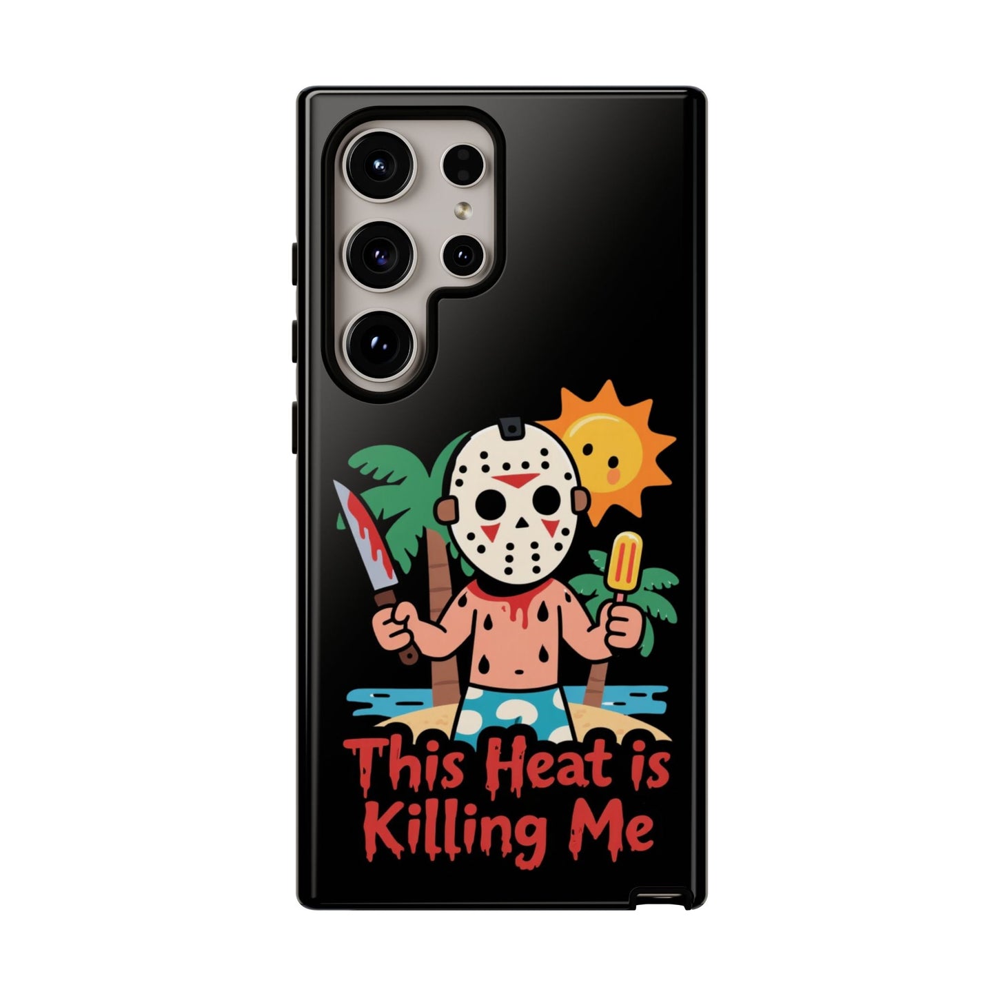 Samsung phone case with "This Heat is Killing Me" Summerween design featuring cartoon horror mask, sun, and popsicle illustration