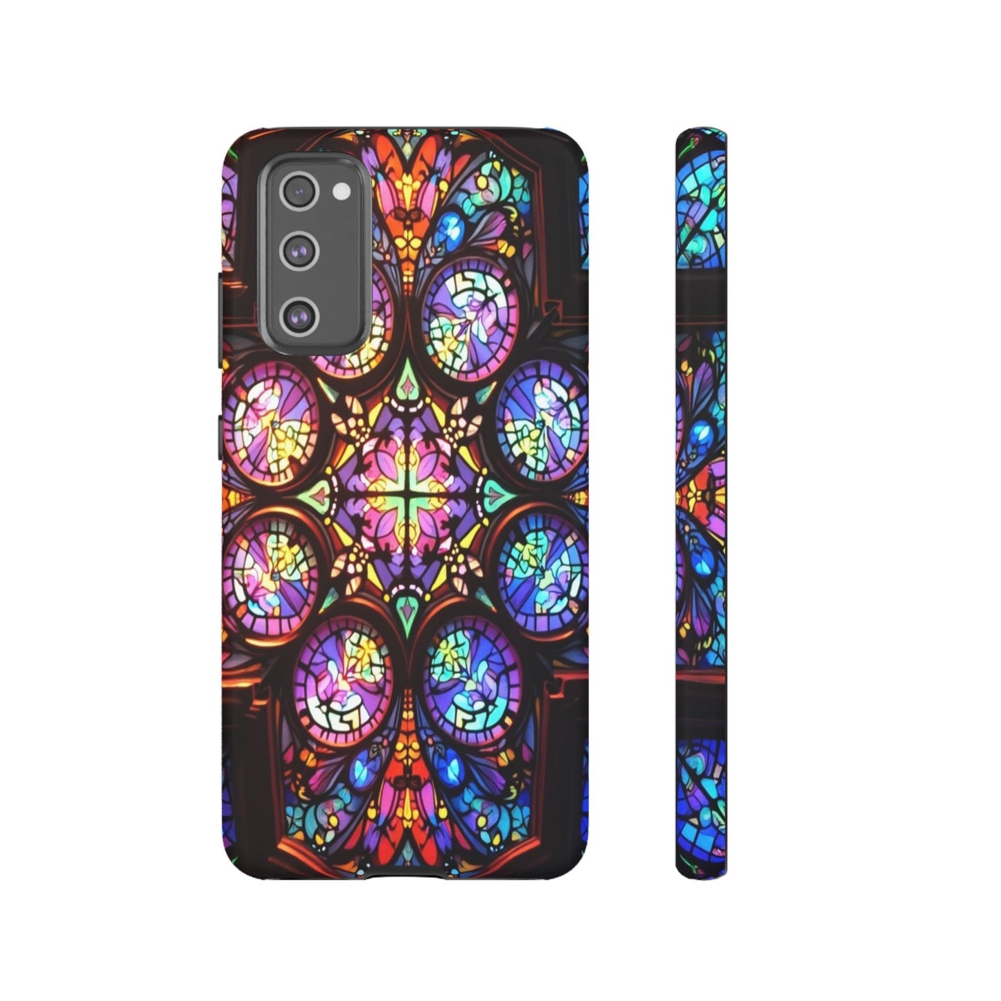 Samsung Galaxy phone case with colorful hypnotic stained glass design, durable and artistic protection.
