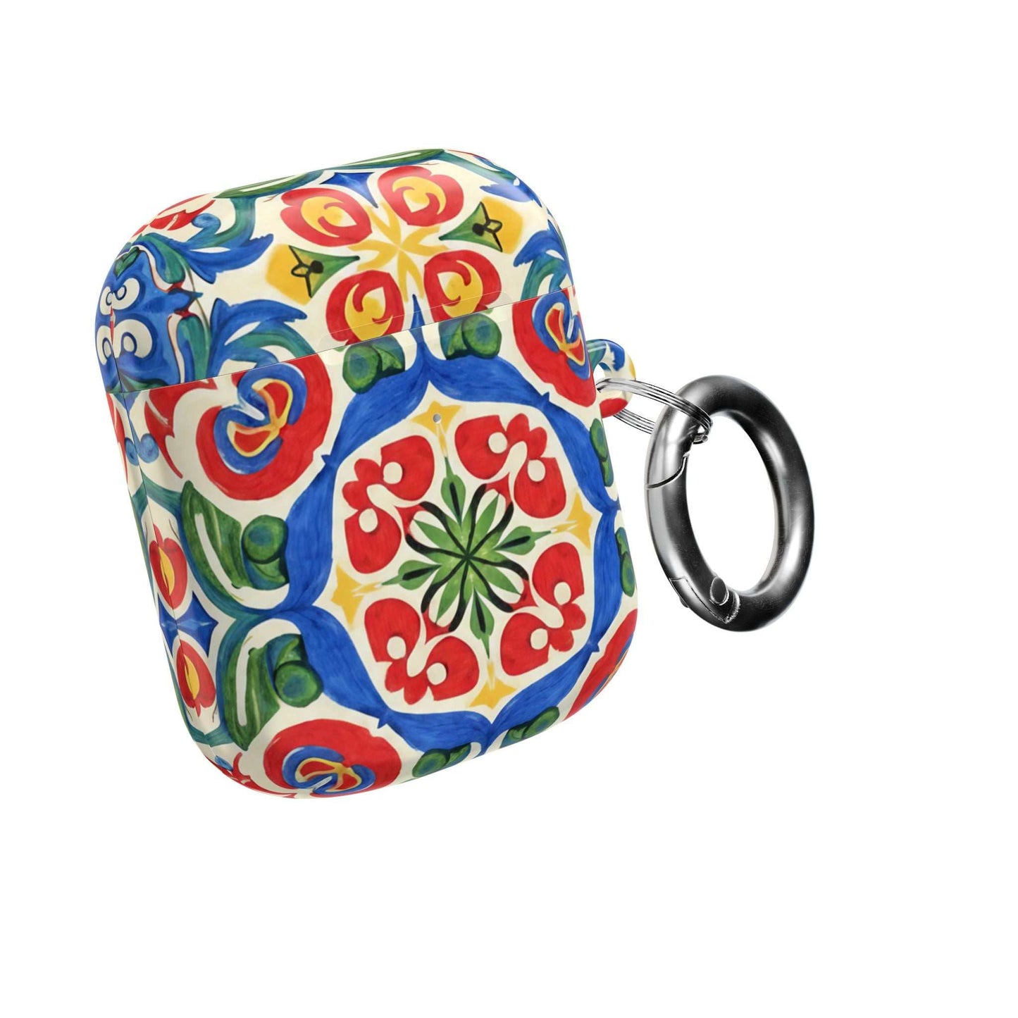 Mediterranean hand-painted folk tile AirPods case with glossy finish and carabiner clip