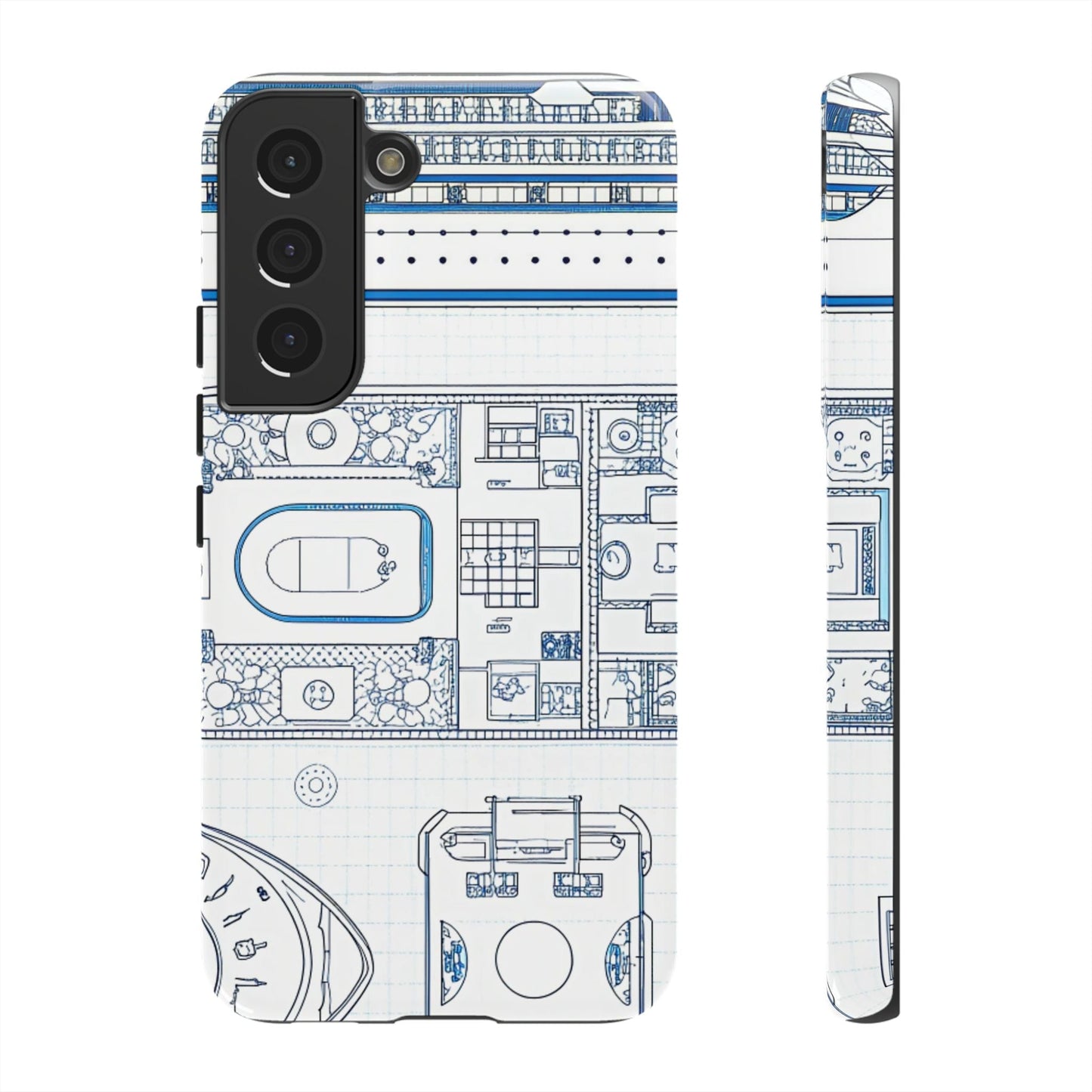 Samsung phone case with cruise ship design featuring detailed blueprint style illustration and durable protective wrap.