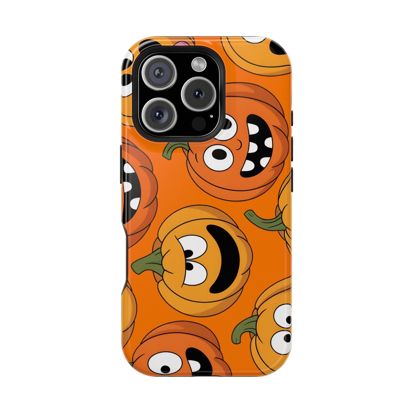 iPhone case with Moody Pumpkins Design featuring cartoon pumpkins on orange background for Halloween protection