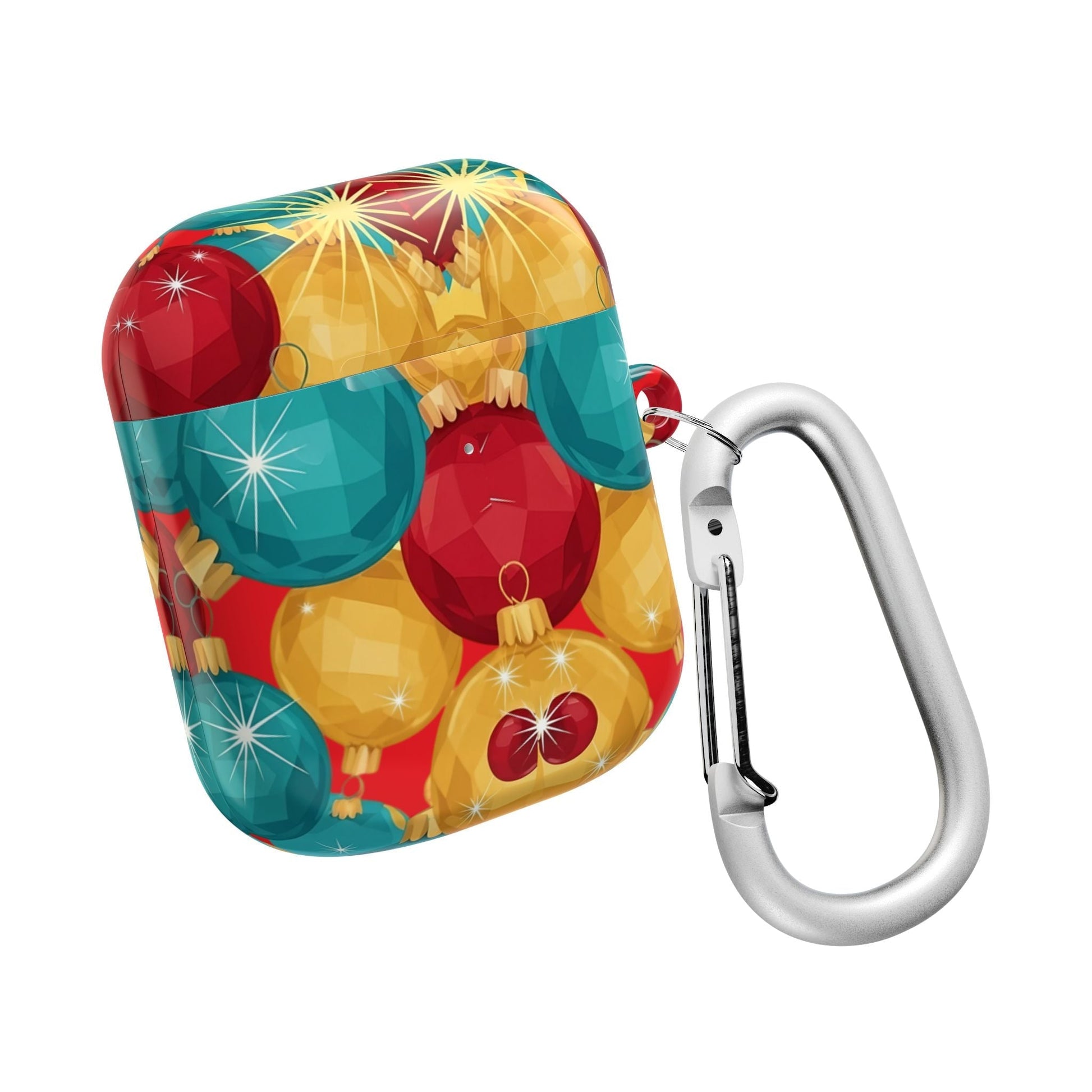 Christmas Tree Sparkle Bulb AirPod Case with colorful holiday ornament design and silver carabiner clip