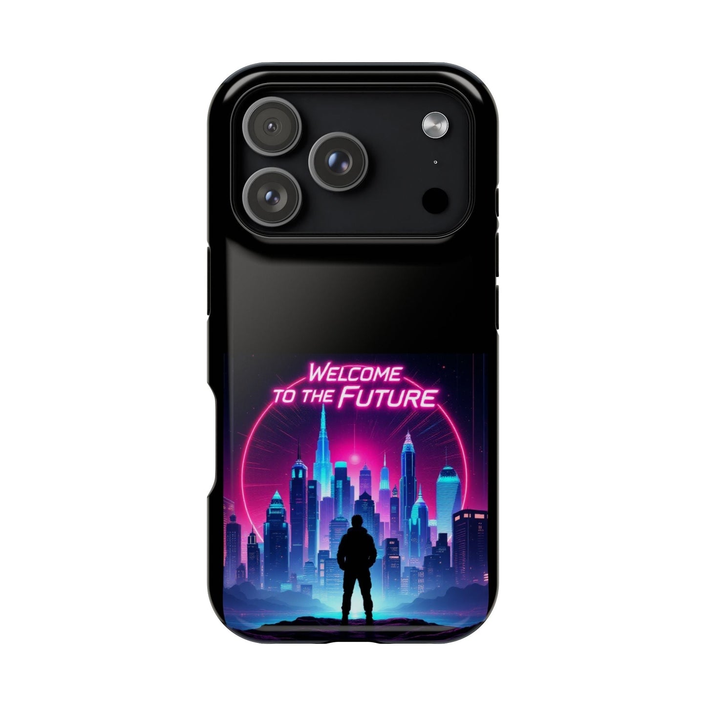 Futuristic Vibe iPhone Case with neon cityscape and "Welcome to the Future" text, durable MagSafe tough design