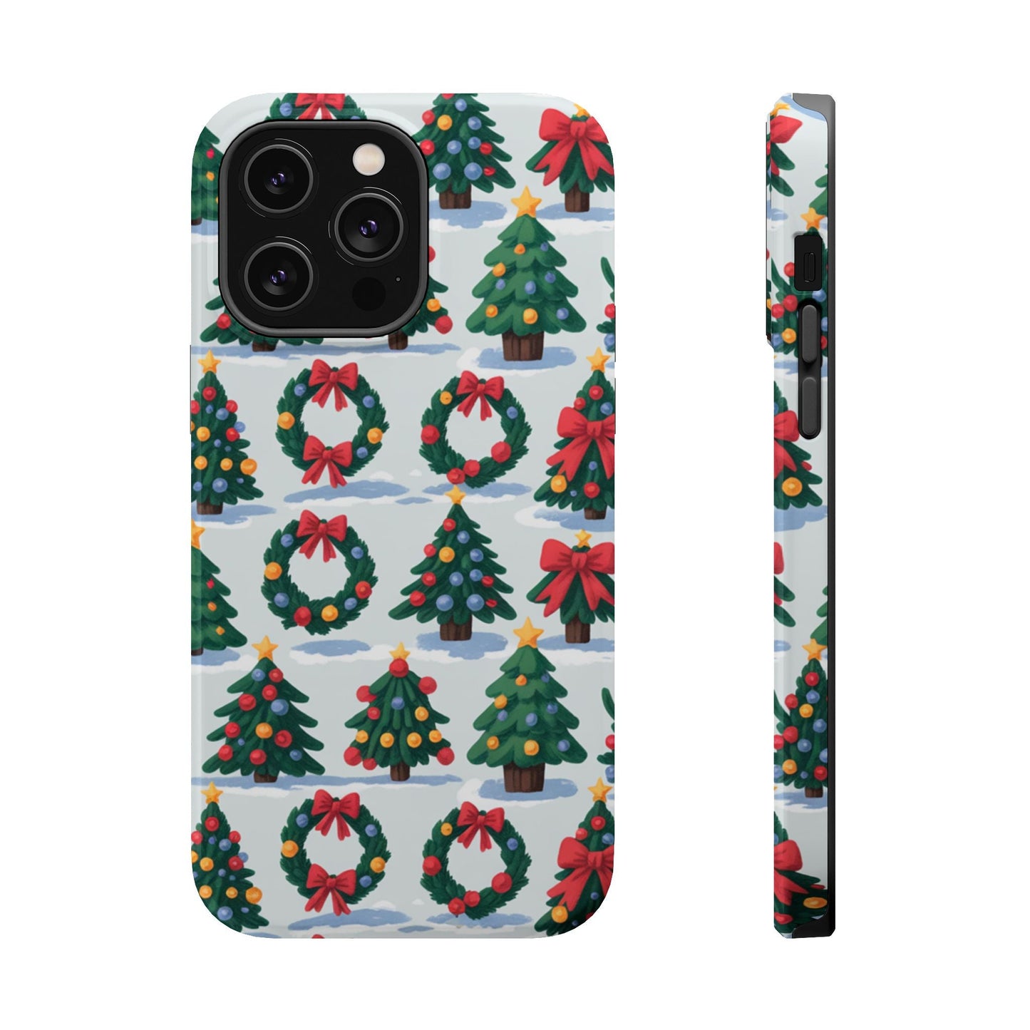 iPhone case with festive Holiday Tree and Wreath pattern in colorful Christmas design