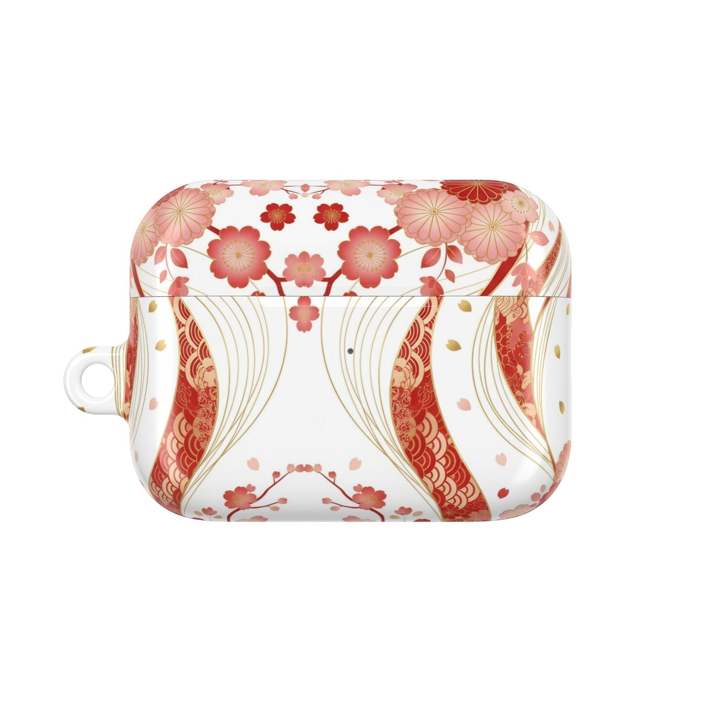 Red Golden Flower AirPod Case with glossy floral design and carabiner attachment for stylish protection