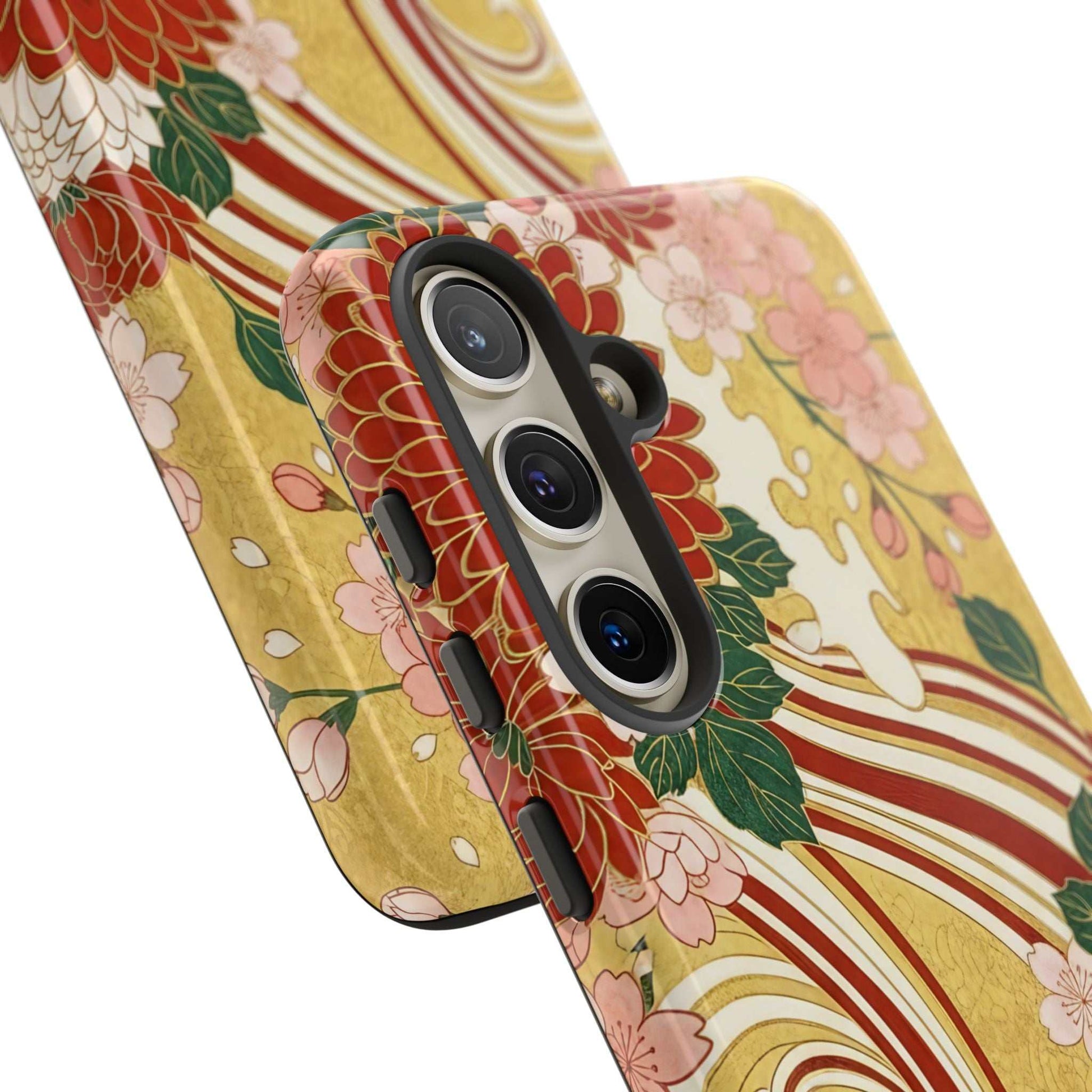 Samsung Case with Japanese floral gold chrysanthemum design, durable and impact-resistant phone cover
