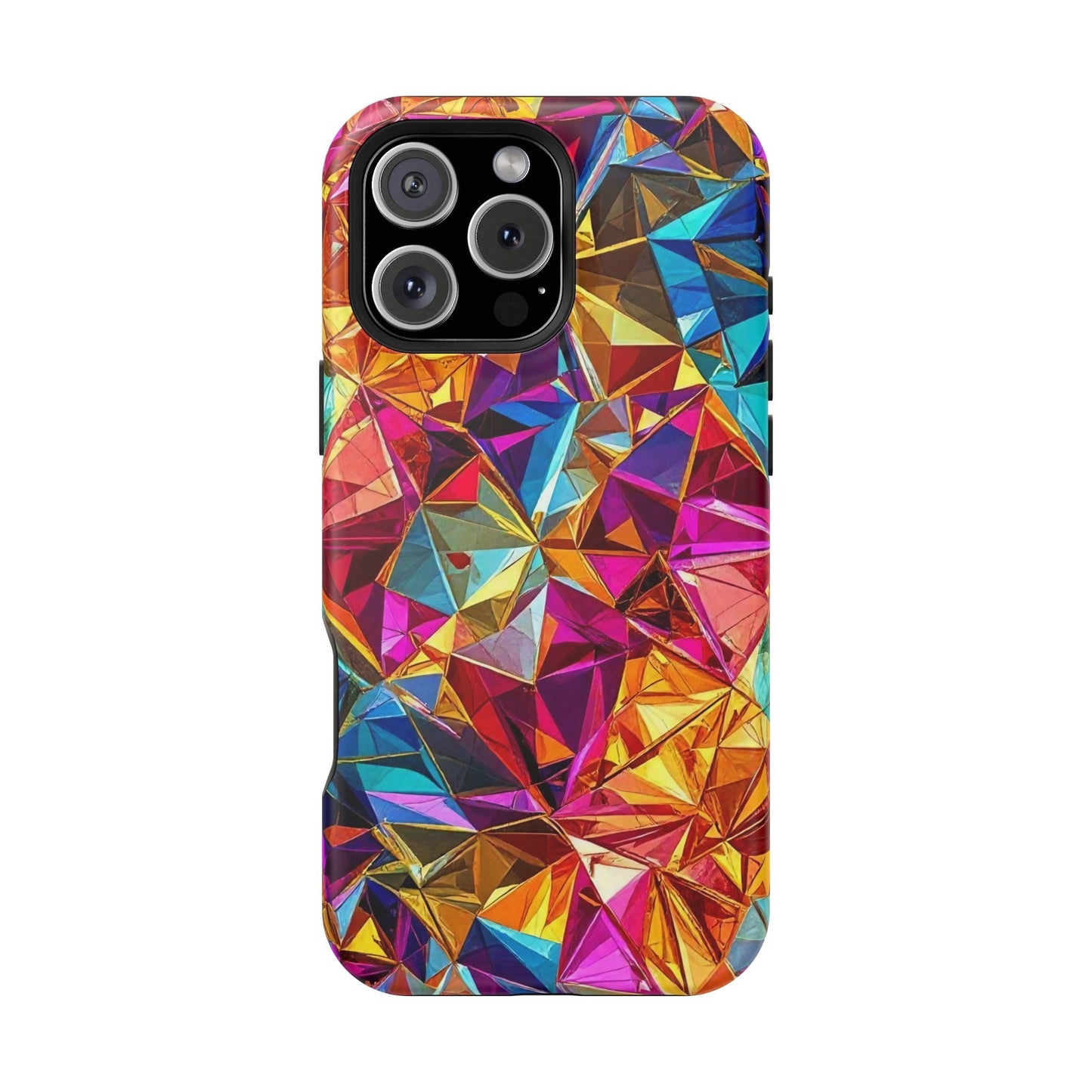 Colorful rainbow foil iPhone tough case with geometric prism design and MagSafe compatibility