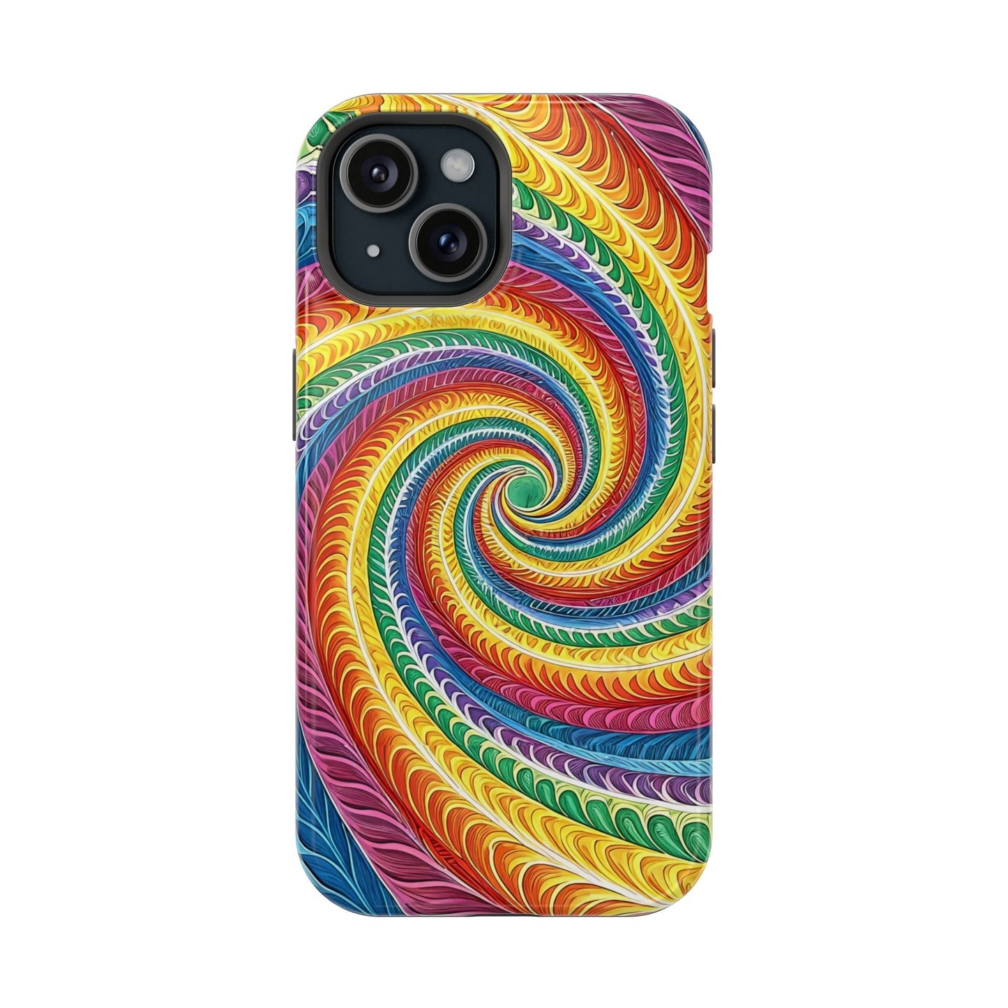 Colorful rainbow swirl iPhone tough case with dual-layer protection and MagSafe compatibility