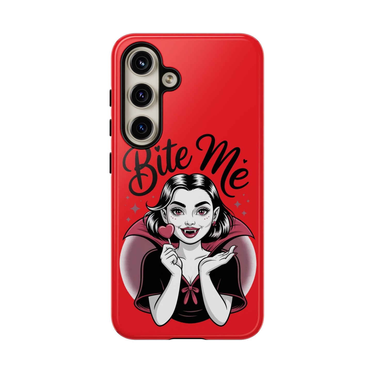 Red Samsung phone case with 3D vampire woman illustration and "Bite Me" text, durable and impact-resistant design for Samsung Galaxy models.