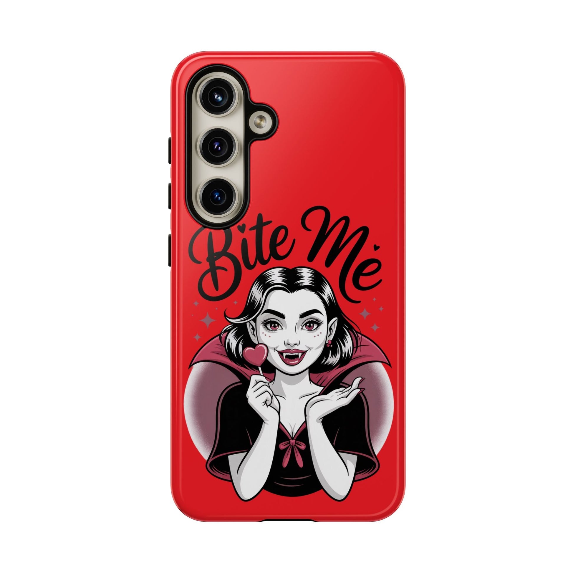 Red Samsung phone case with 3D vampire woman illustration and "Bite Me" text, durable and impact-resistant design for Samsung Galaxy models.