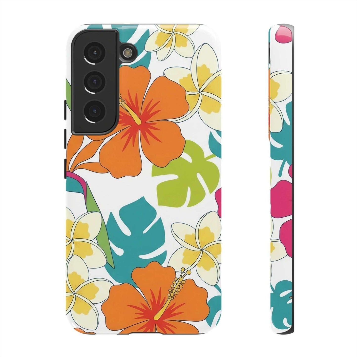 Orange floral Samsung case with vibrant tropical flower print and durable protective design