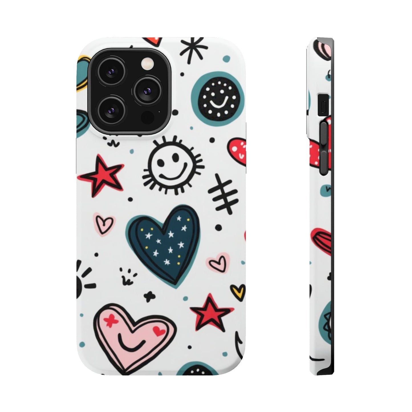 Cartoon Hearts and Smiles iPhone tough case with colorful playful heart and smiley designs and durable protective polycarbonate and TPU layers.