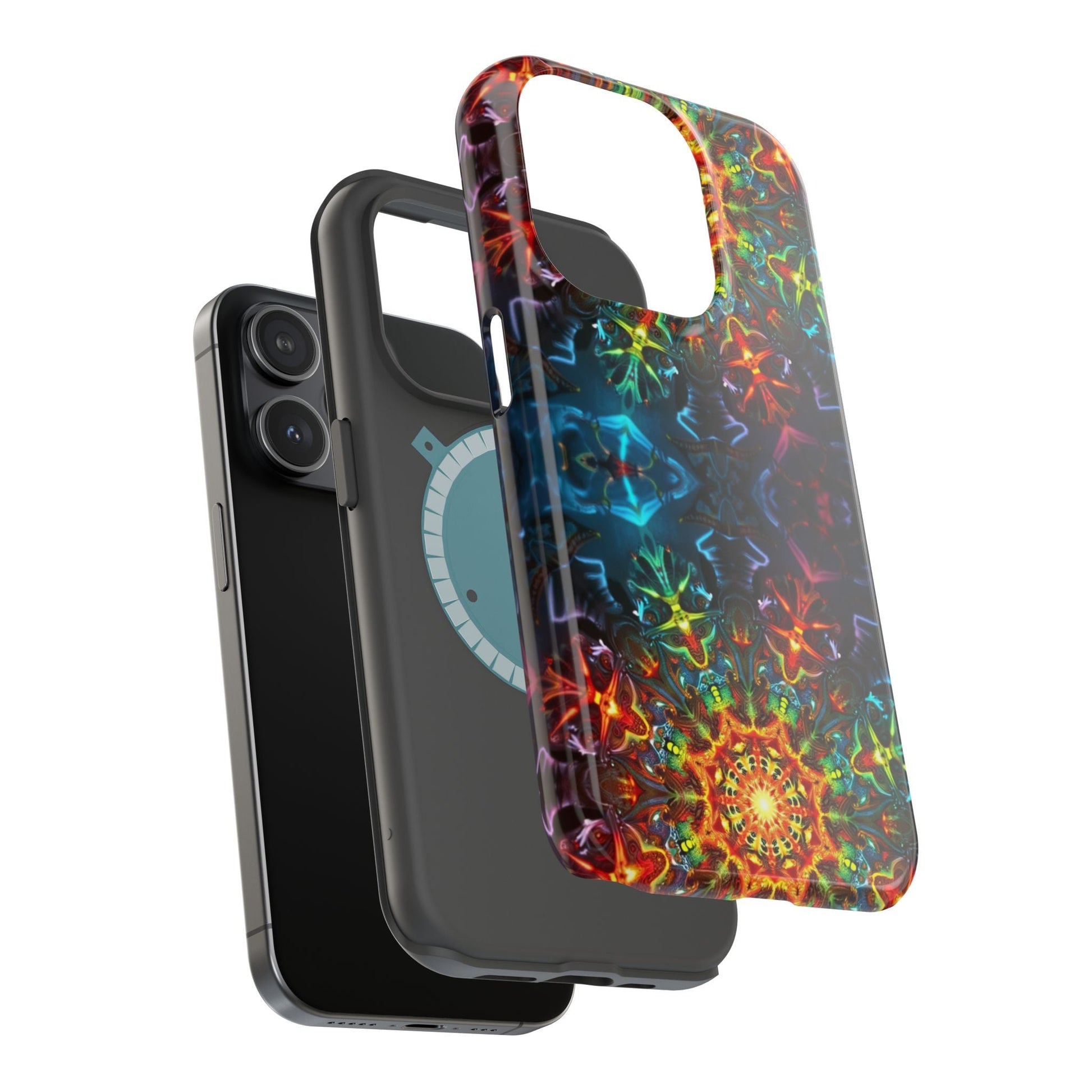 iPhone case with vibrant abstract kaleidoscope design, dual-layer protection, and MagSafe compatibility