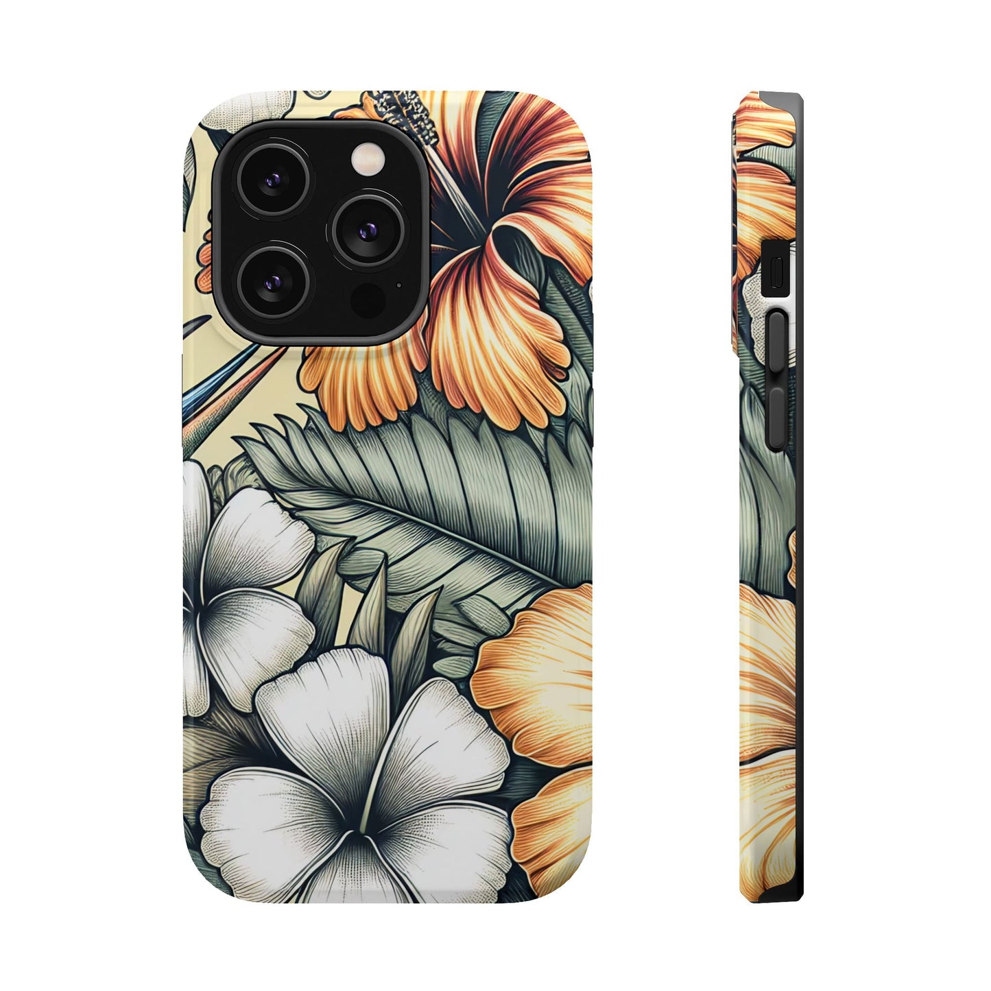 Golden Tropical Floral iPhone tough case with durable dual-layer protection and MagSafe compatibility featuring vibrant tropical flower design