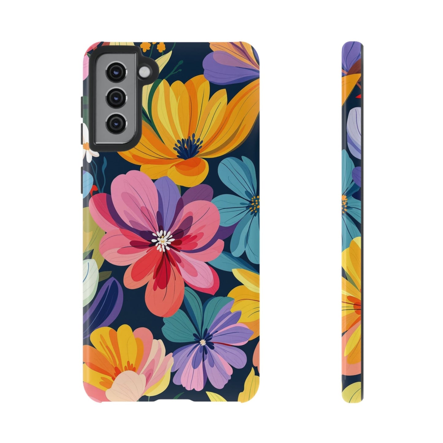 Colorful floral Samsung phone case with vibrant flower design and durable shock-absorbing protection.