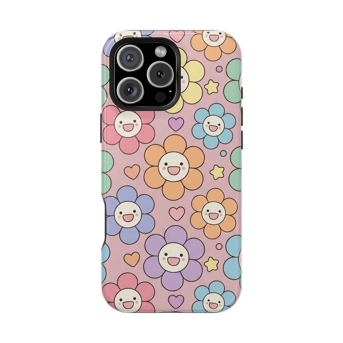 Happy Flower iPhone Tough Case featuring colorful smiling flowers with MagSafe compatibility and impact-resistant design
