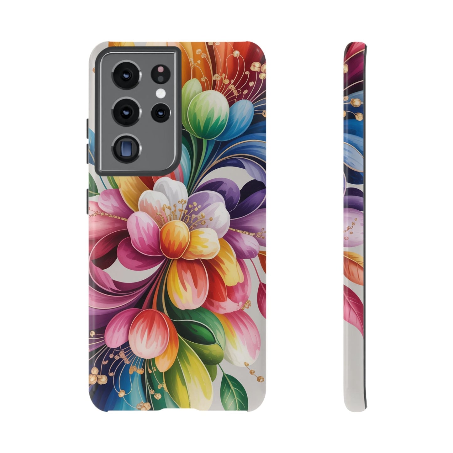 Vibrant floral Samsung case with full ink wrap, durable impact-resistant design, and TPU shock absorption.