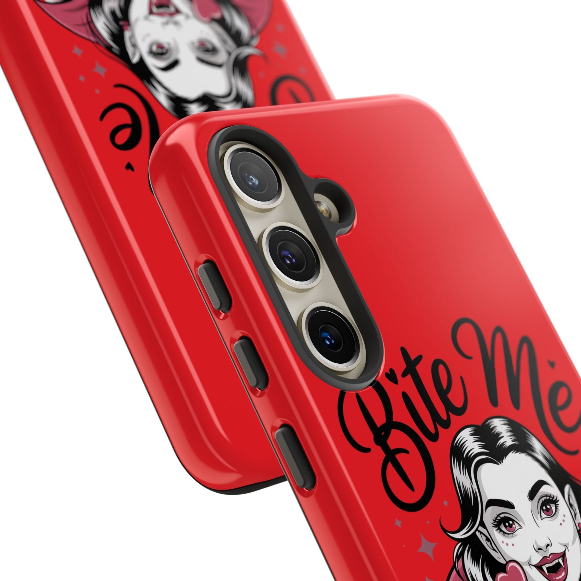 Bite Me Vampire Samsung phone case in red with vampire illustration and bold text, durable and impact-resistant design.