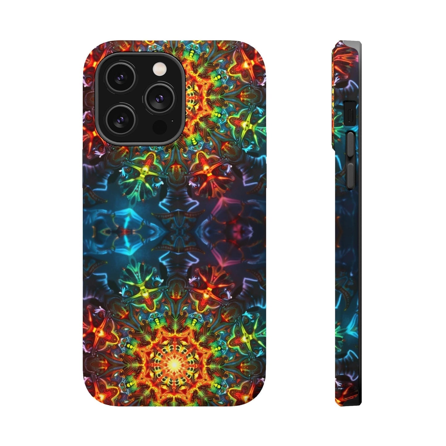 iPhone magnetic tough case with vibrant abstract kaleidoscope design and durable dual layer protection