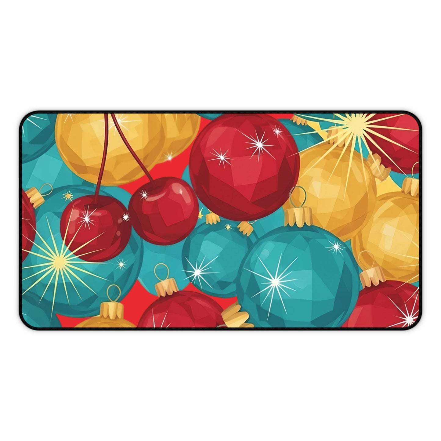 Holiday-themed desk mat with vibrant red, gold, and teal Christmas bulb design and sparkling accents
