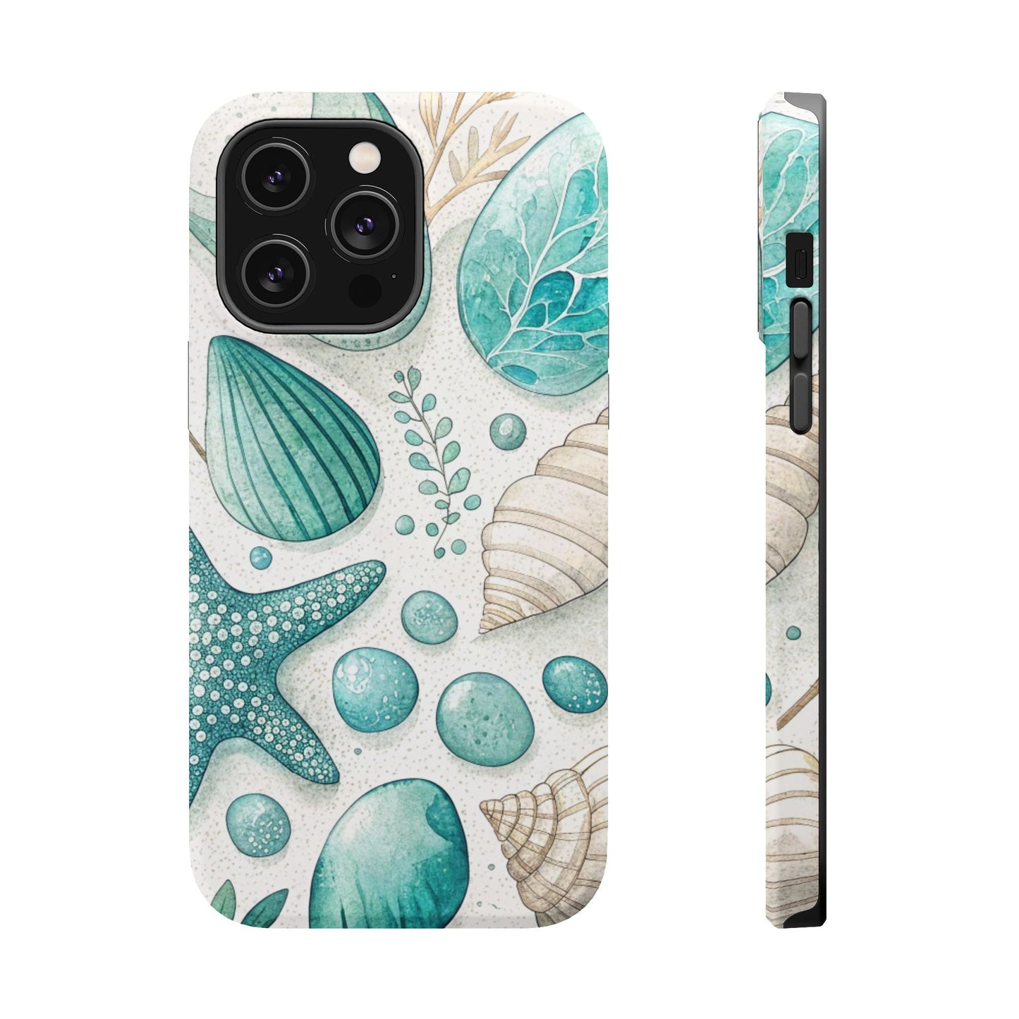 Celebration Sea iPhone Tough Case with ocean shells and starfish design, durable protective phone cover with MagSafe compatibility.