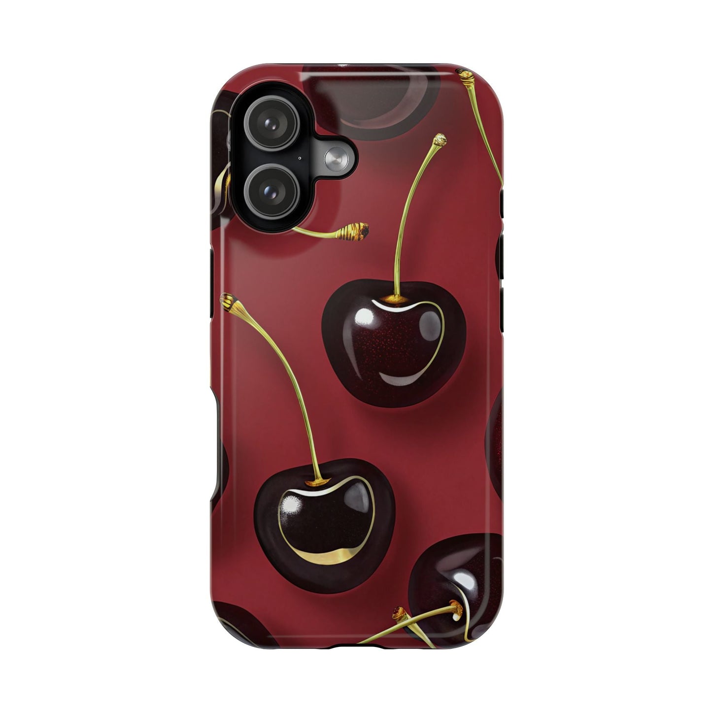Cherry iPhone tough case with vibrant cherry design, dual-layer protection, and MagSafe compatibility