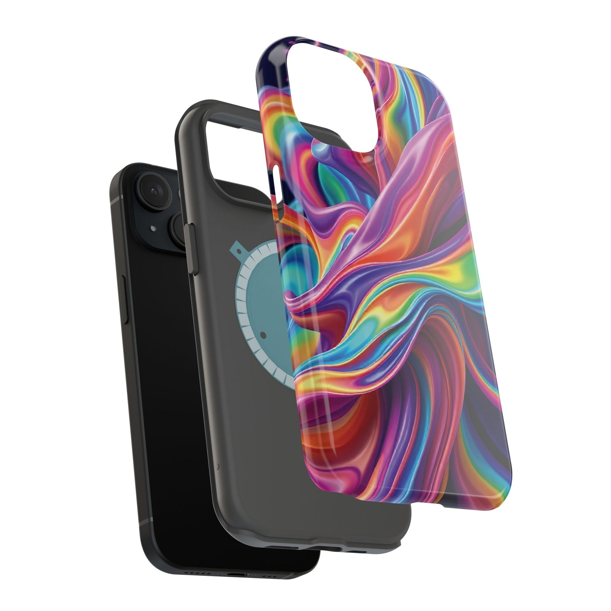 Wrapping Rainbow Design iPhone case with vibrant swirl colors and durable dual-layer protection, compatible with MagSafe accessories.