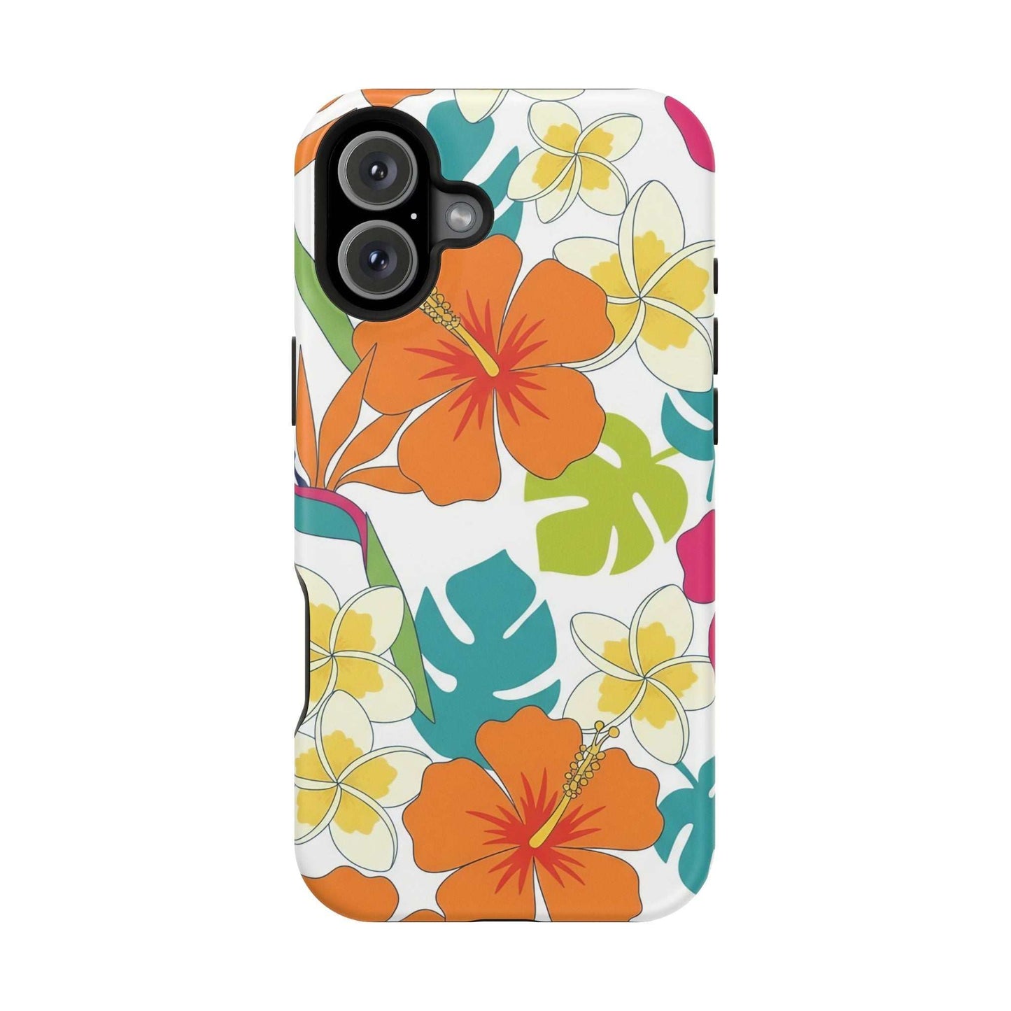 Orange floral iPhone case with impact-resistant dual-layer protection and MagSafe compatibility