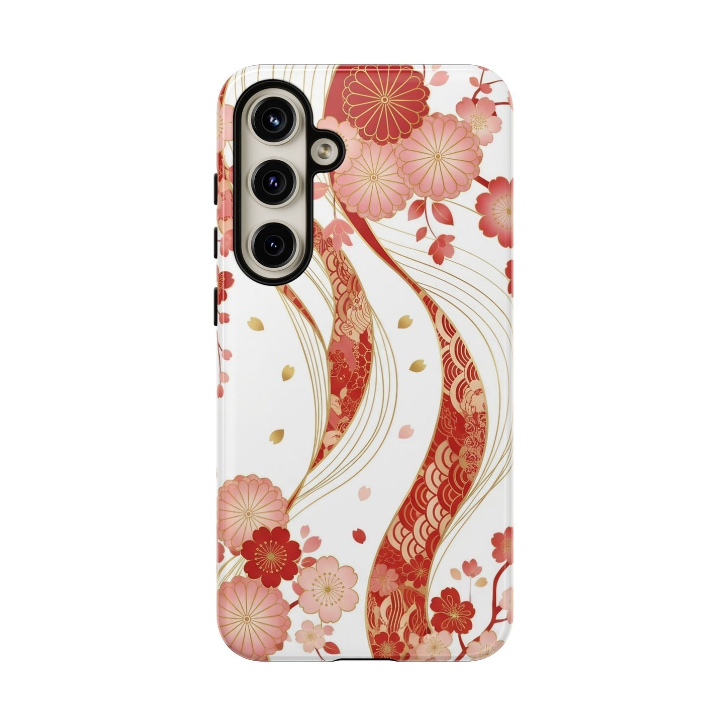 Samsung phone with red golden flower phone case featuring elegant floral 3D wrap design and protective coverage