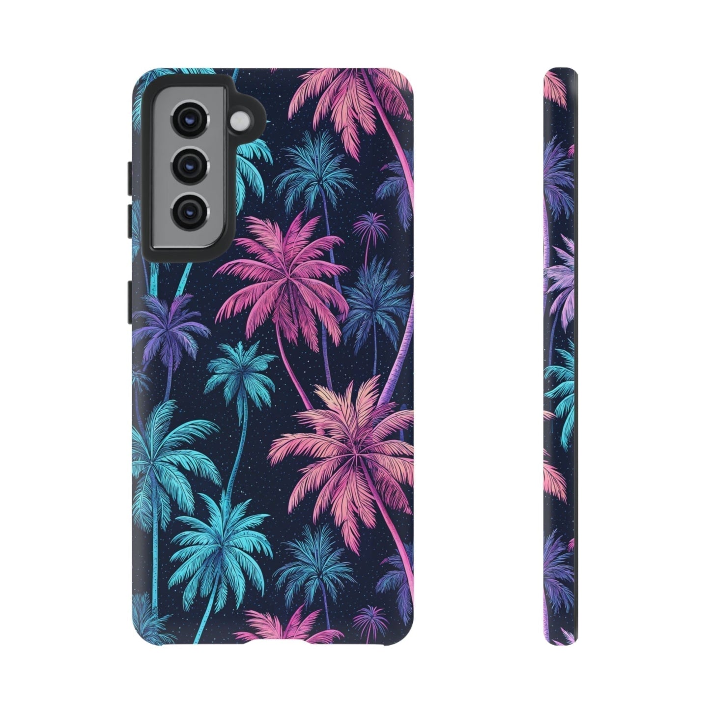 Neon palm tree phone case with vibrant pink and blue tropical design for Samsung Galaxy.