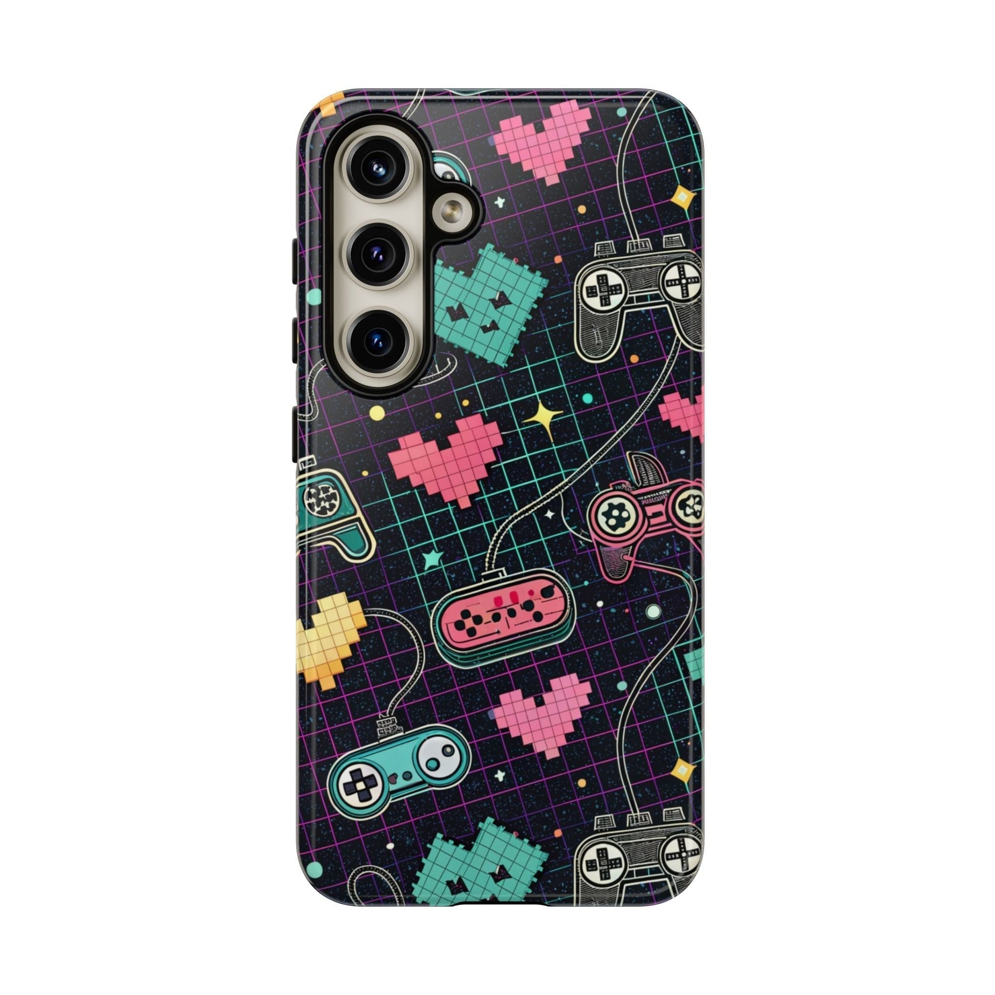 Retro Gamer Tough Case for Samsung Galaxy with colorful pixel hearts and game controllers design on a black grid background, durable protective phone cover.