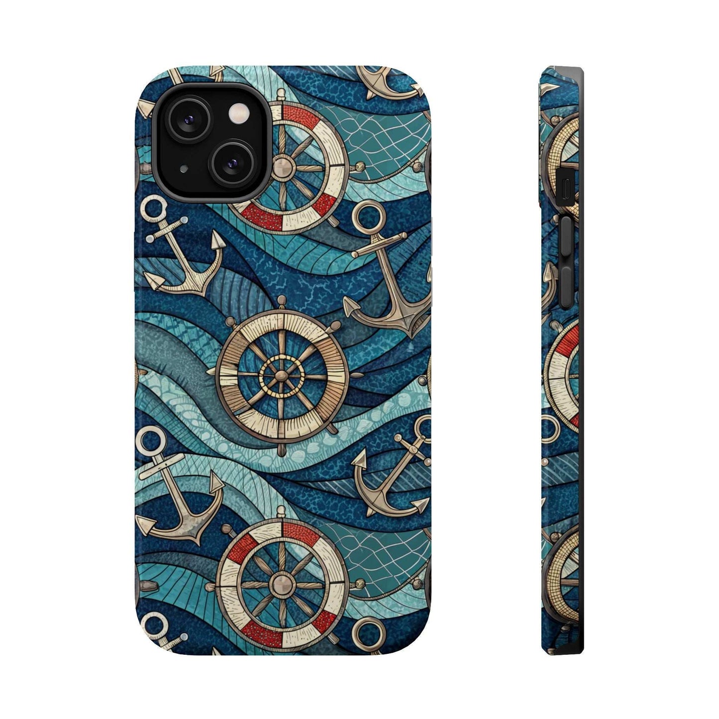 Nautical Theme iPhone case with anchors and ship wheels pattern for iPhone 13-16, durable dual-layer protective design