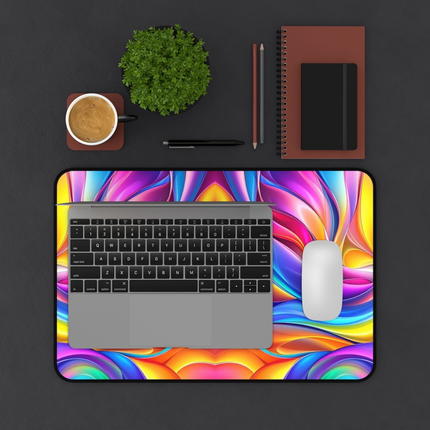 Modern Rainbow Waves desk mat with vibrant, colorful wave design under laptop and mouse on workspace