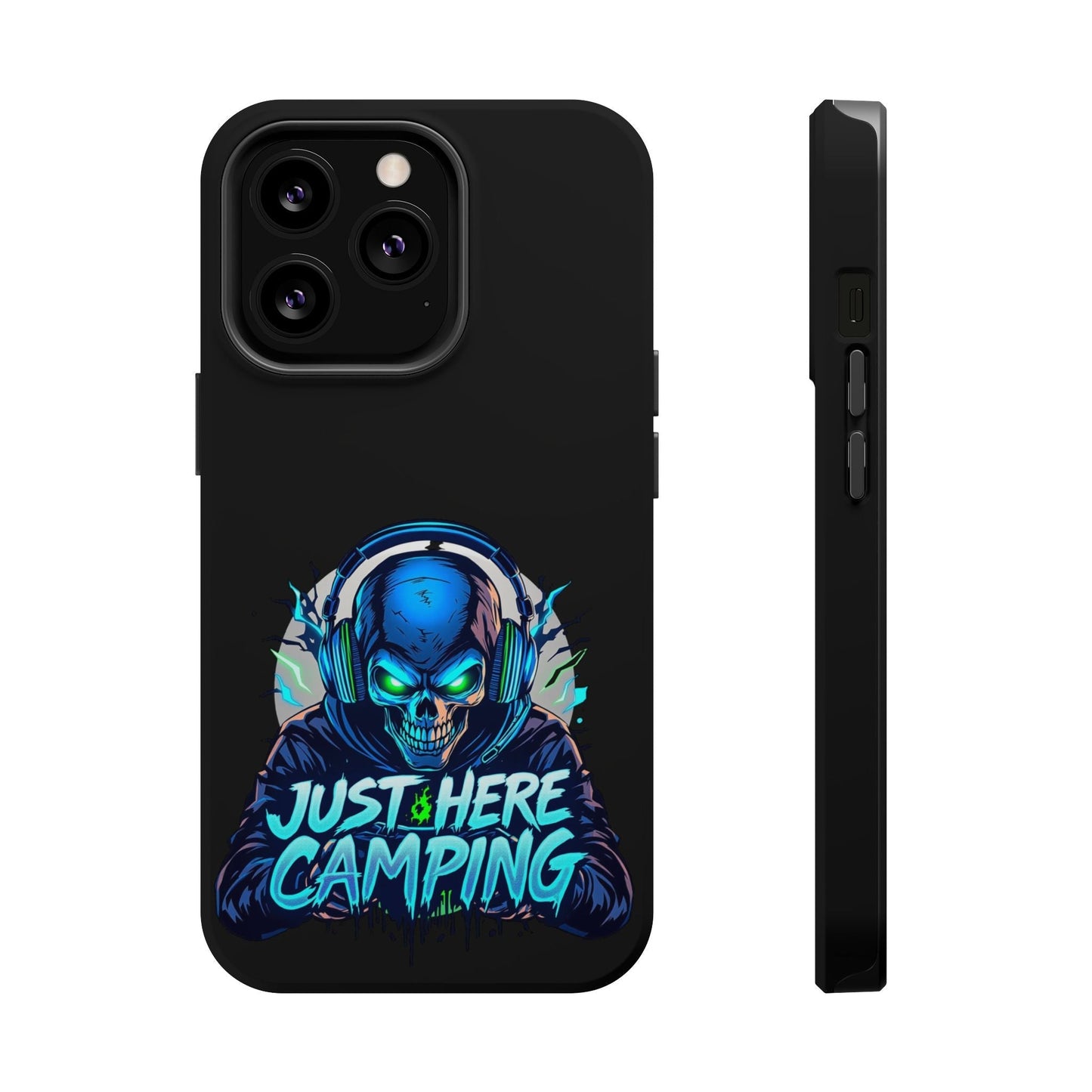 Just Here Camping Gamer iPhone tough case with vibrant skull design, durable polycarbonate and TPU construction, MagSafe compatible.
