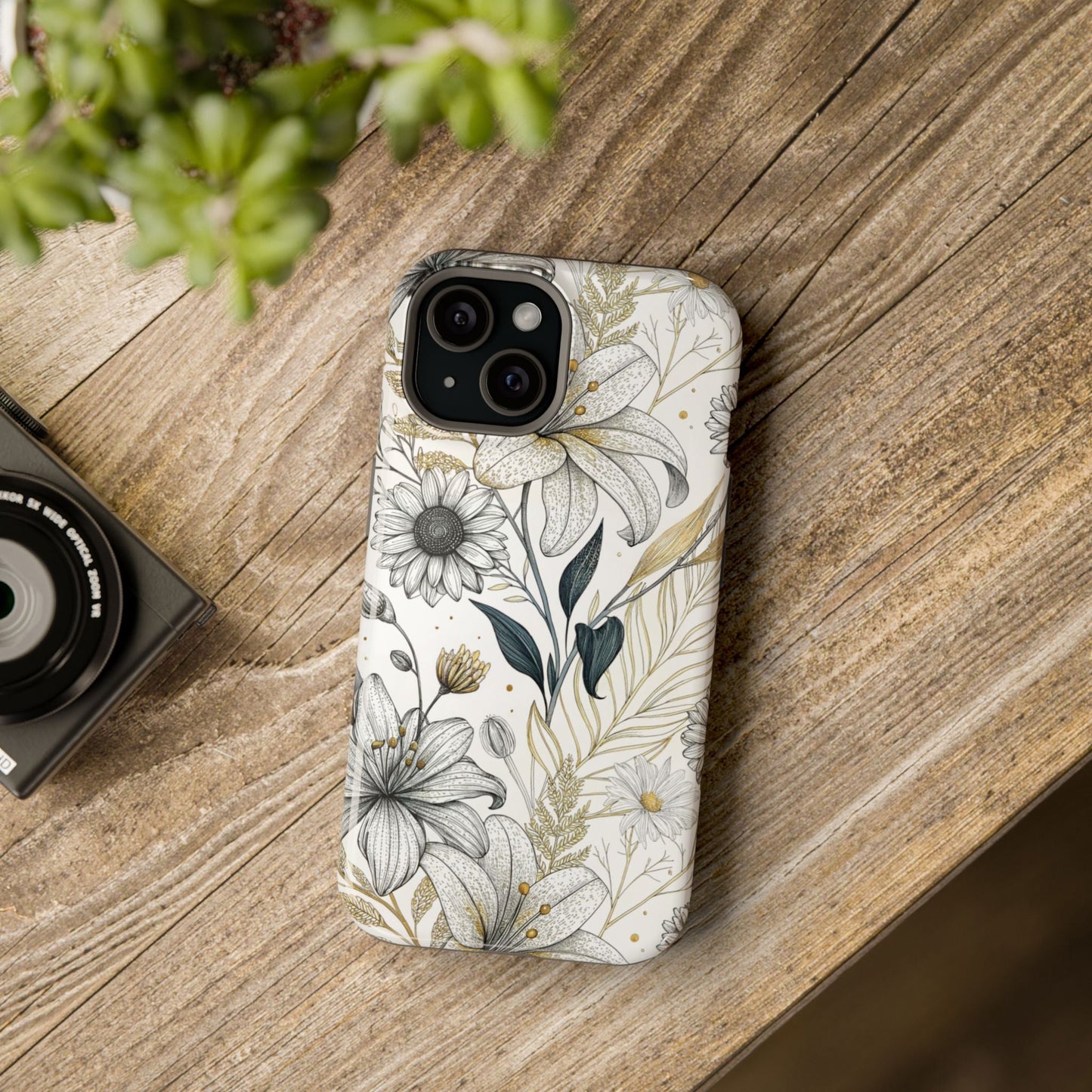 iPhone case with golden leaf flower design, modern minimalist tough protective cover with MagSafe compatibility
