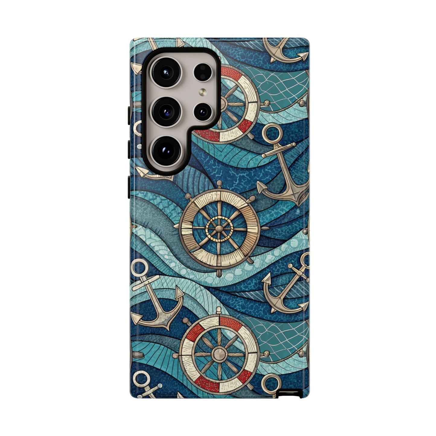 Nautical Anchor Samsung Tough Case with anchors, life preservers, and ship wheels on blue waves design for Samsung Galaxy S series phones.