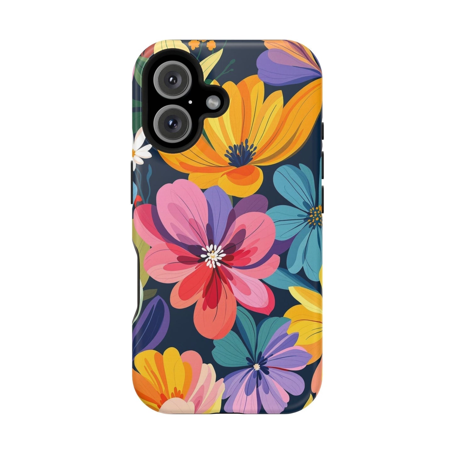 iPhone 17 case with colorful floral design in vibrant colors and MagSafe compatibility