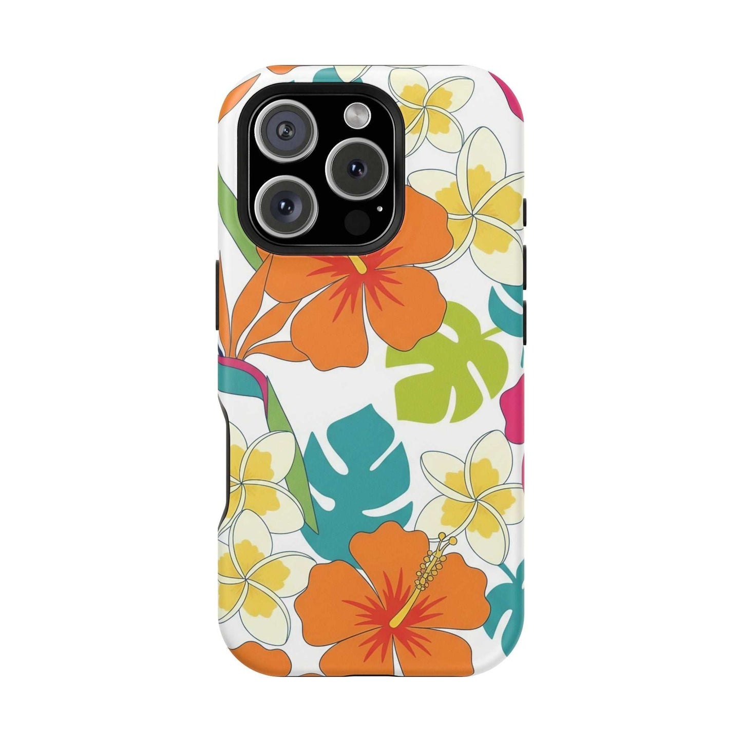 Orange floral iPhone case with impact-resistant dual-layer polycarbonate and MagSafe compatibility