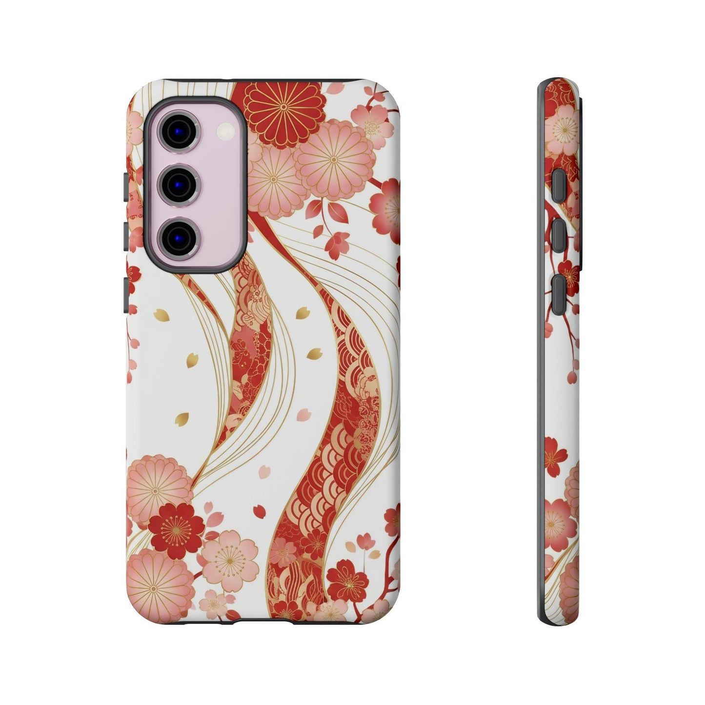 Red Golden Flower Phone Case with intricate red and gold floral design for Samsung, slim impact-resistant protection with 3D wrap and wireless charging support