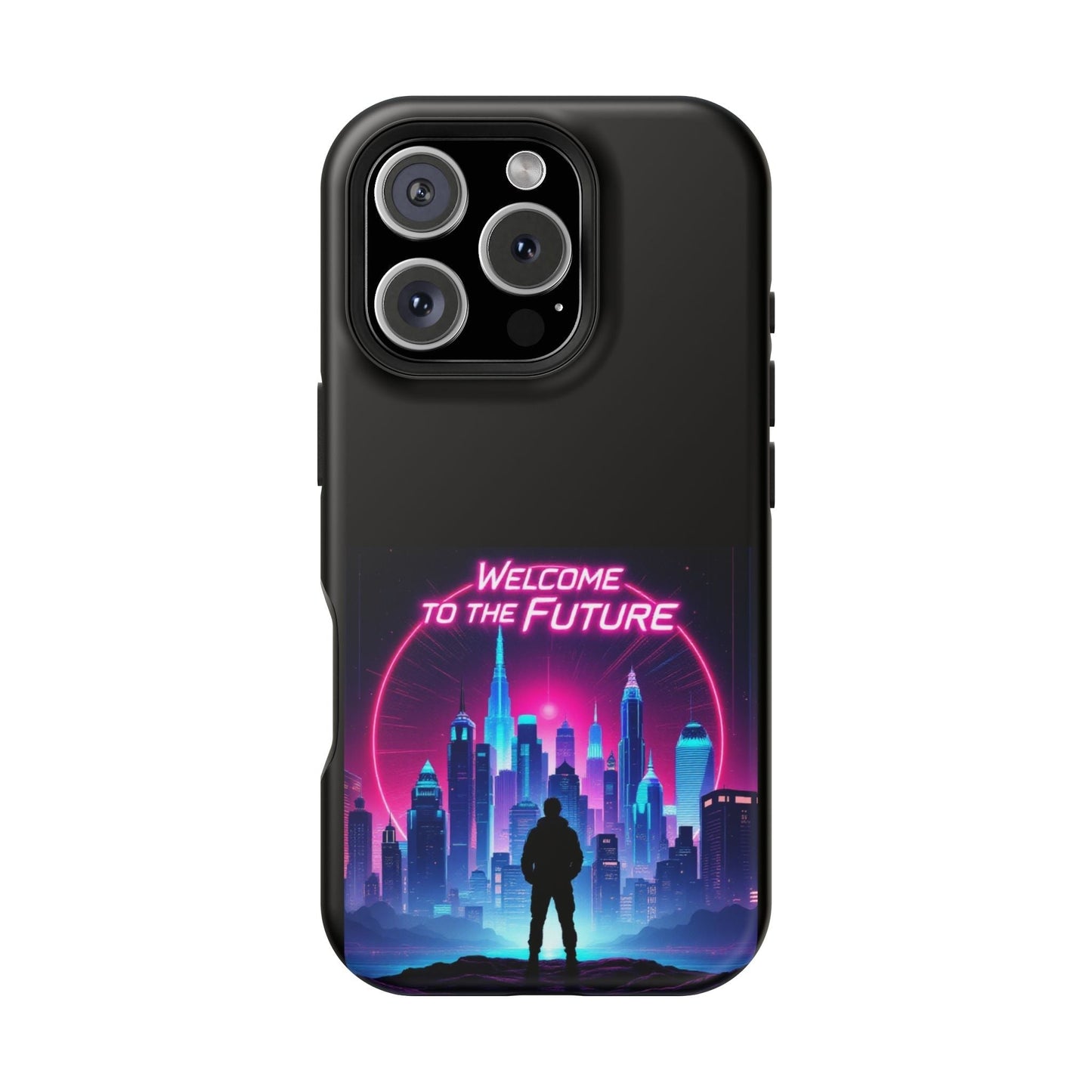 Futuristic Vibe iPhone Case with neon cityscape and "Welcome to the Future" text, durable MagSafe compatible tough case