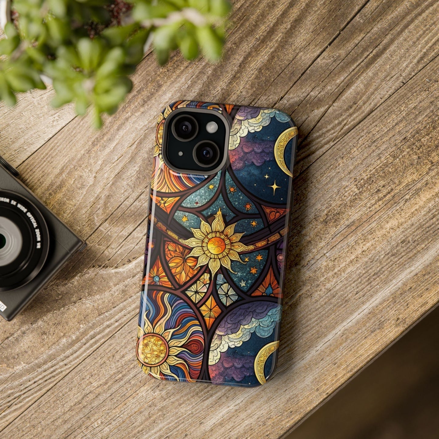 Sun and Moon iPhone case with cosmic celestial design, dual-layer protective shell, and MagSafe compatibility